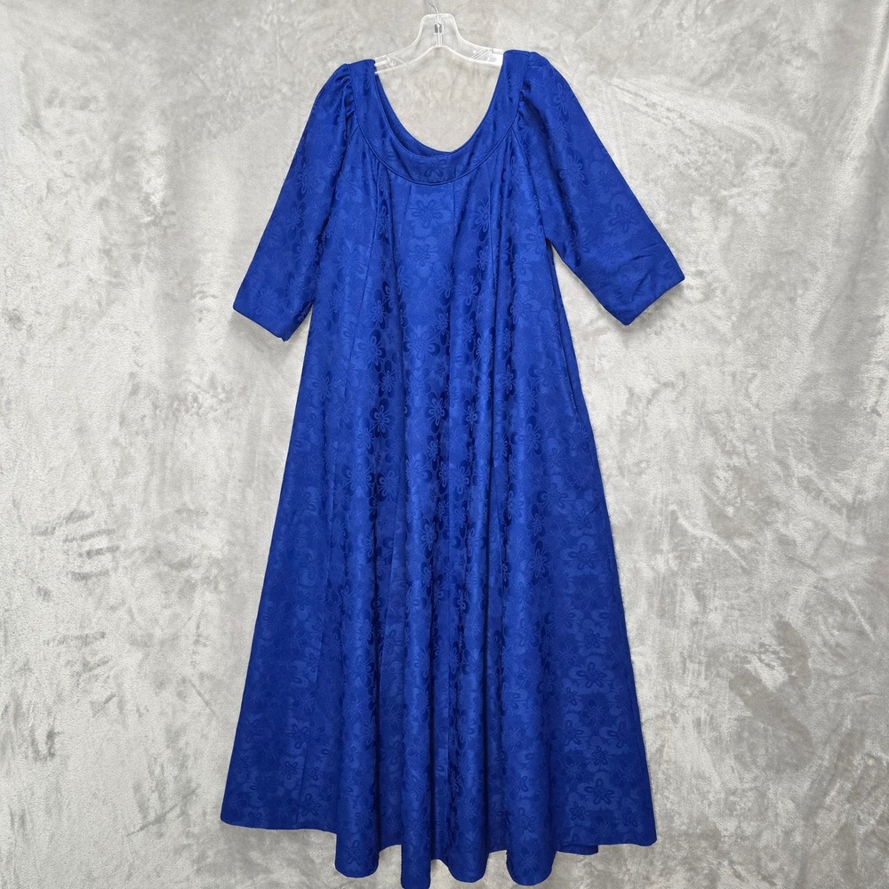 Vintage Kiyomi Hawaii Muumuu Dress Women 12 Royal Blue Floral Jacquard Altered - Picture 15 of 16